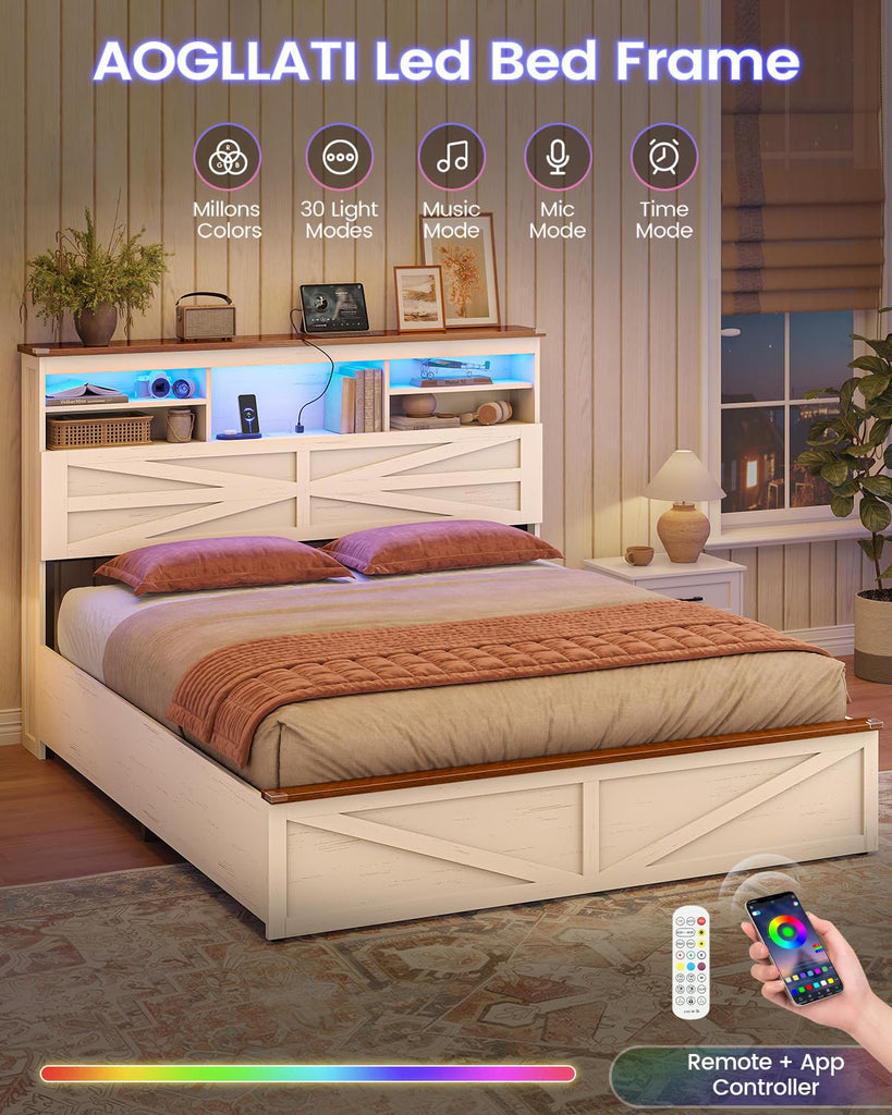 Farmhouse Bed Frame with Lift Up Storage, Antique White