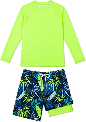 Boys Swim Set Long Rash Guard Shirt Compression Liner Swim Trunks