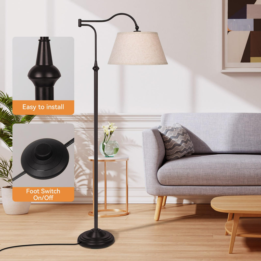 Swing Arm Floor Lamp, Arc Floor Lamps with 180° Adjustable Cantilever, Mid Century Standing Lamp with Linen Shade