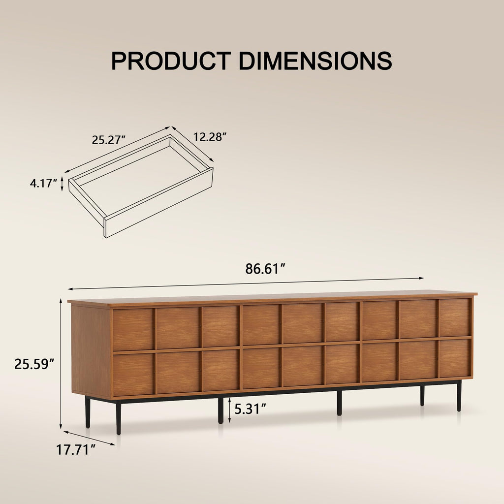 86 Inch Mid Century Modern TV Stand, Solid Wood Media Console with 6-Drawer Storage, Sideboard