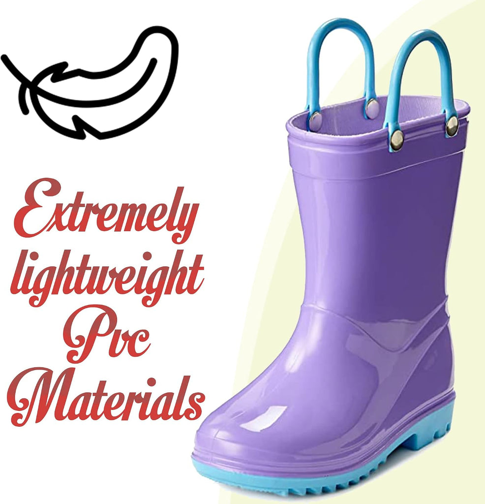 Solid Colors PVC Rainboots - Lightweight, Waterproof, Easy on Handles, Toddler and Little Kid Boys and Girls