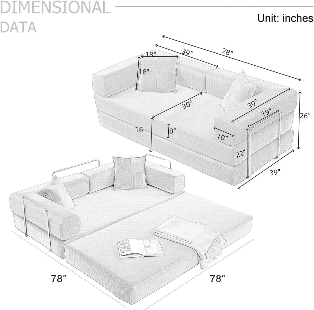 4-in-1 Folding Convertible Sofa Bed, 78 Inch Oversized Corduroy Upholstered Boneless Couch, Loveseat Sleeper with