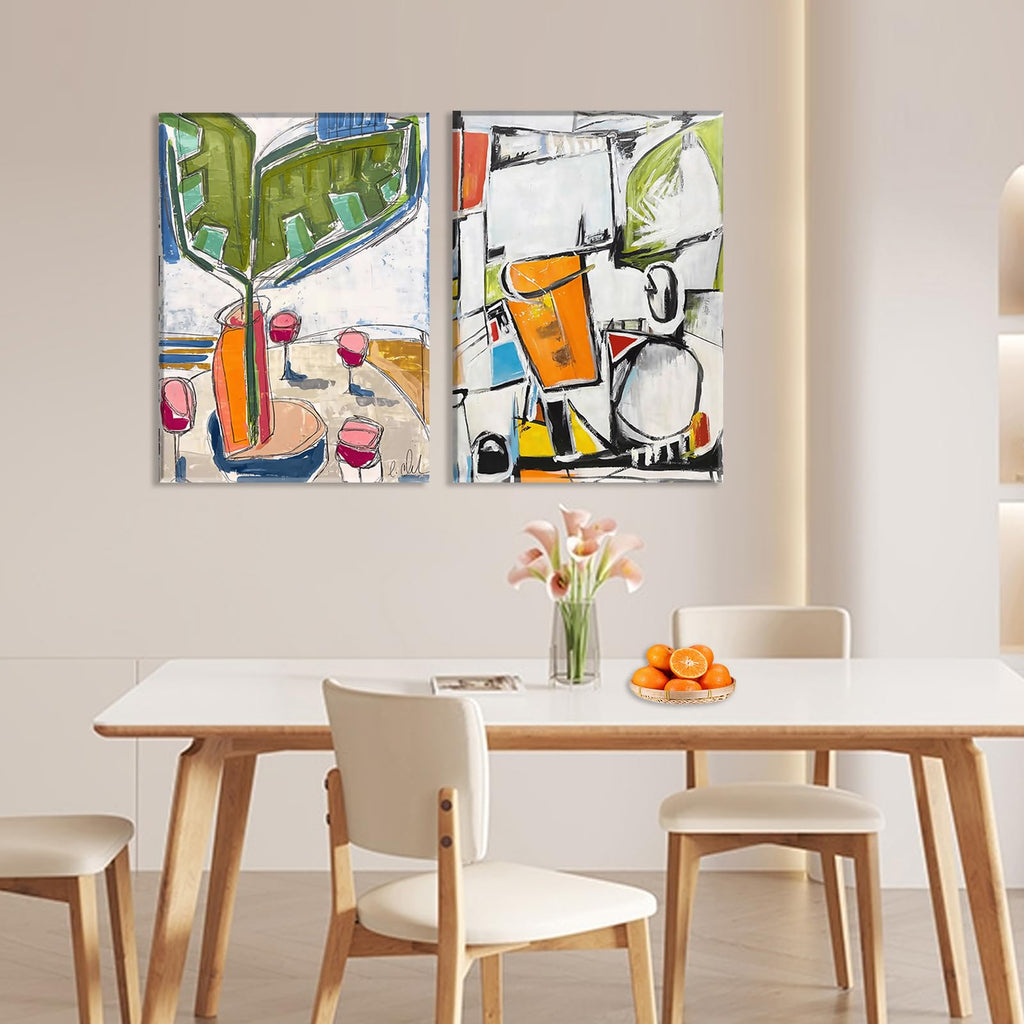 Framed 2pcs Abstract White Green Wall Art Geometric Print Colorful Dining Room Canvas Painting Modern Mexican Style