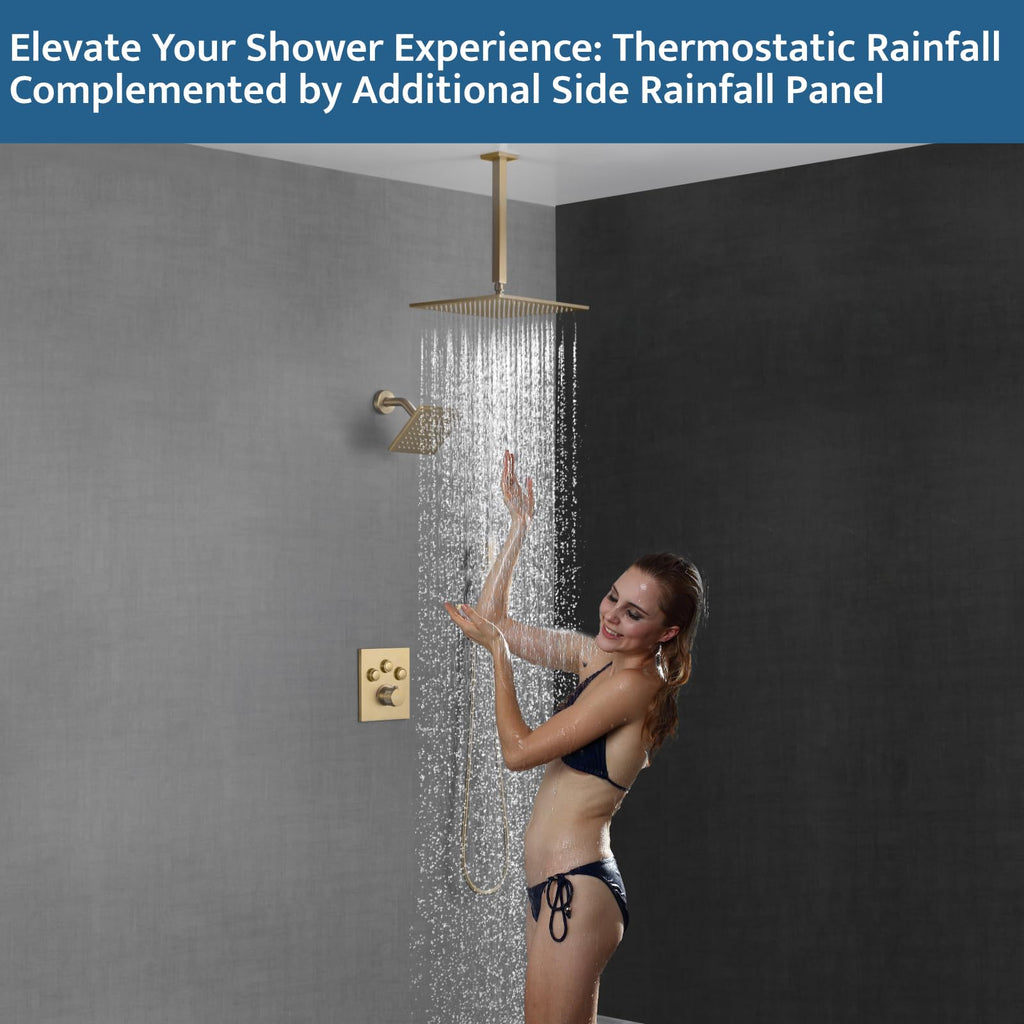Thermostatic Shower System Brushed Gold, Push Button Diverter Shower Faucet with 2 in 1 Handheld, Ceiling Mount 12