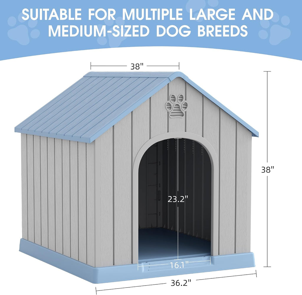 Large Dog House Outdoor Indoor for Medium Large Dogs, Sturdy Plastic Waterproof Doghouse with Air Vents and Elevated