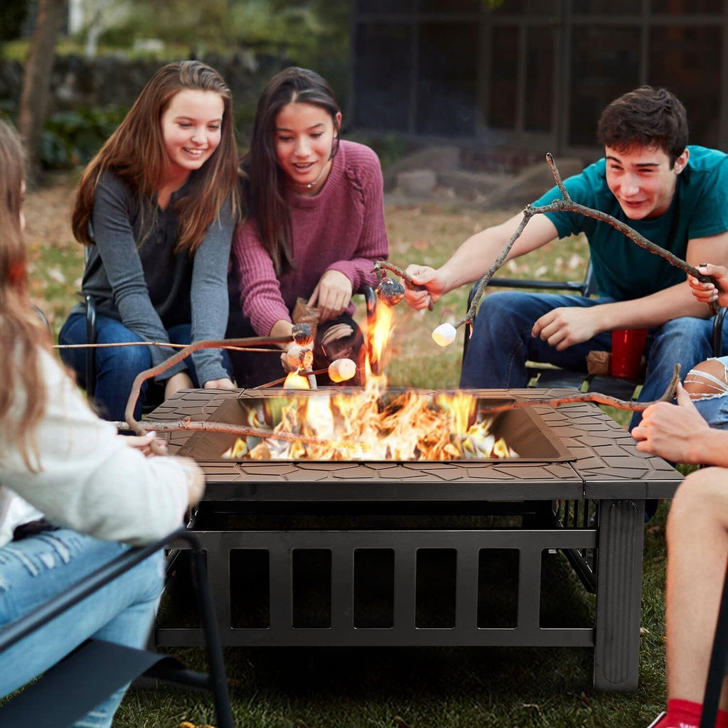 32 inch Outdoor Fire Pit with Grill for Outside Wood Burning, Square Metal Outside Fireplaces