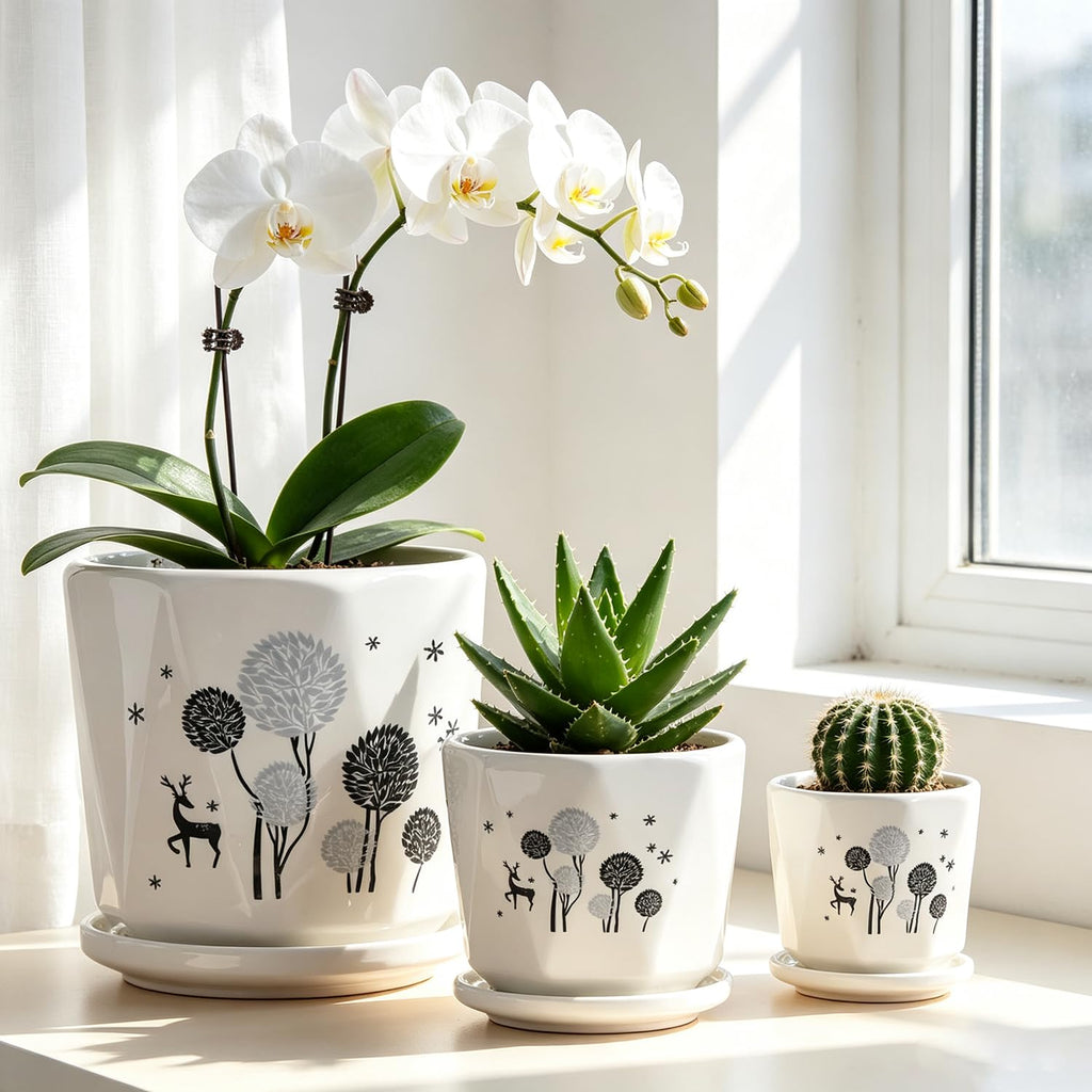Woodland Deer Floral Ceramic Plant Pots Set of 3, Modern Nordic Planters with Drainage Hole and Saucer, Decorative