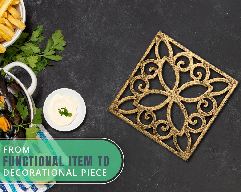 Gold with Black Cast Iron Trivet - Square 6.5"×6.5" - Rubber Feet - Set of 4
