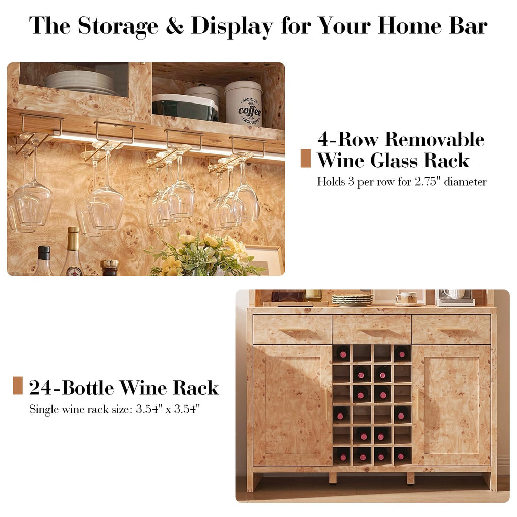77" Tall Pantry Cabinet & Coffee Bar Cabinet with Storage, Light Burl, 2 Pcs