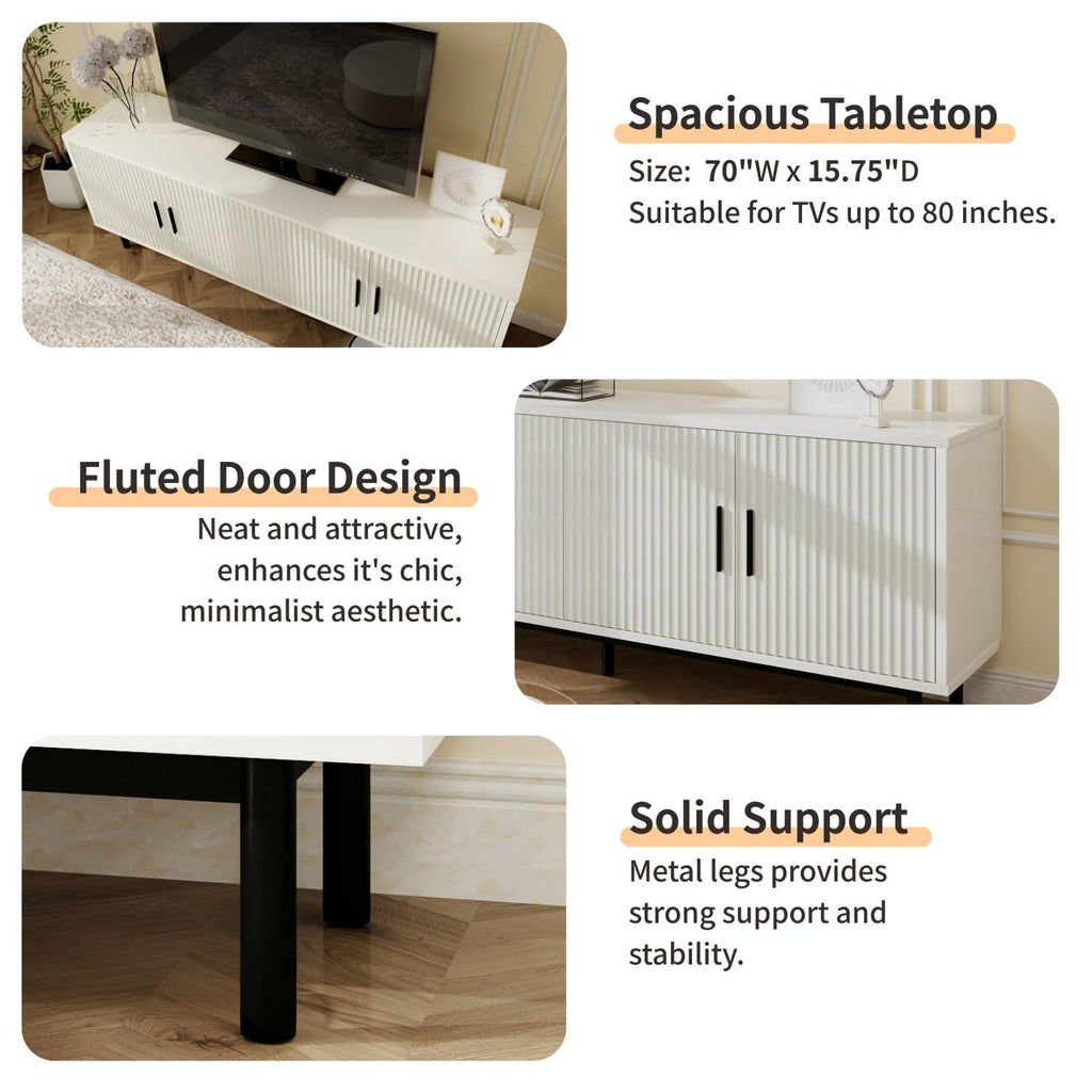 70" Fluted TV Stand for TVs up to 80 Inches, Entertainment Center with Storage, Adjustable Shelf, Modern TV Console