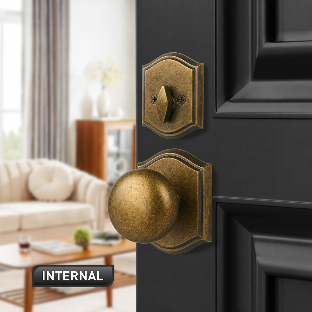 Vintage Antique Brass Door Knobs with Deadbolt Interior, Zinc Alloy