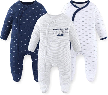 3 Pack Long Sleeve Baby Footed Rompers