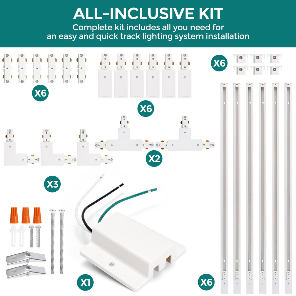 H Track Lighting Rails Kit - 20ft White Track Light Tracks 3 Wire with Floating Canopy Connector, I and L Connectors