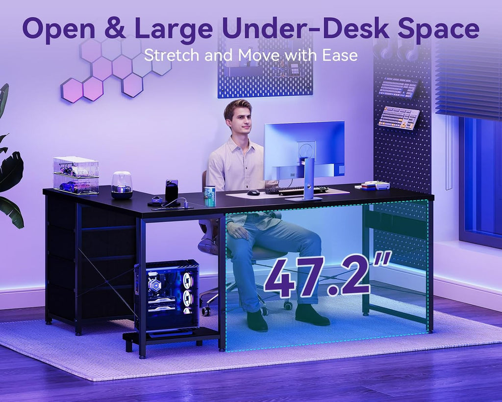 61" L Shaped Gaming Desk with 4 Drawers and Power Outlets, Black | USB Ports, PC Tower Stand, Hooks, Reversible