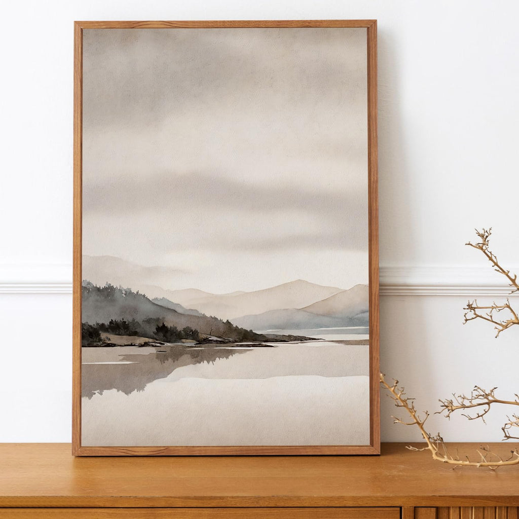 Abstract Mountain Brown Framed Canvas Wall Art, Neutral Watercolor Landscape Wall Decor, Minimalist Grey Beige Lake