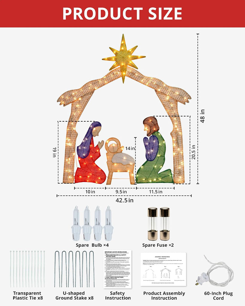 4FT Lighted 2D Outdoor Nativity Scene, Christmas Holy Family Set Decoration