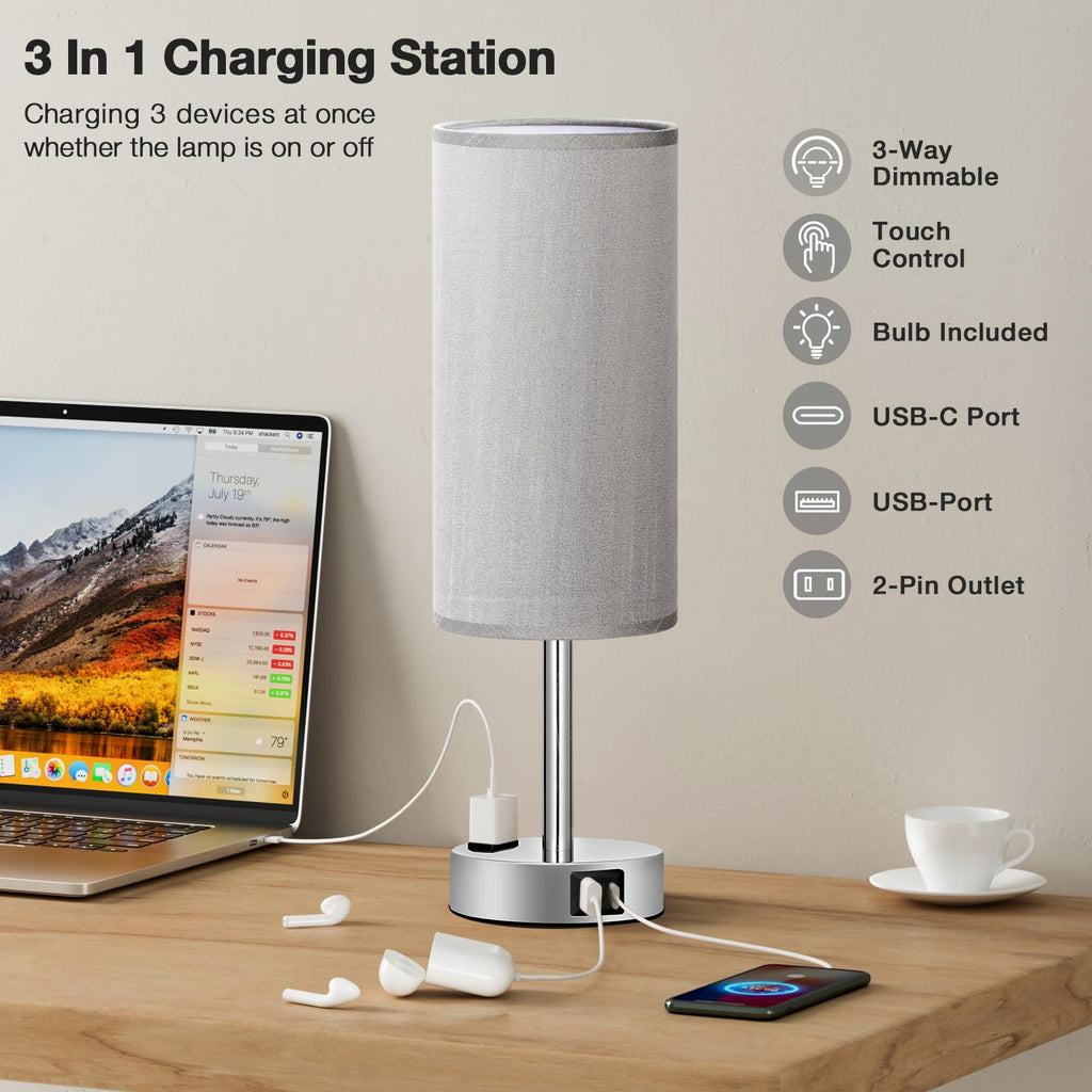 Grey Bedside Lamp, Dimmable Touch, USB A+C, AC Outlet