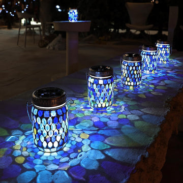 2 Pack Mosaic Lanterns Outdoor Waterproof with 215% Larger Solar Panel, Never Rust Lids, True Capacity Battery- Solar