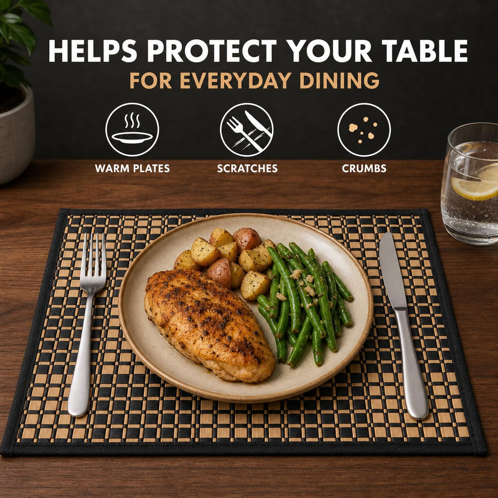 Bamboo Placemats, Set of 4, Woven, 11.8x17.3 Inches, Black