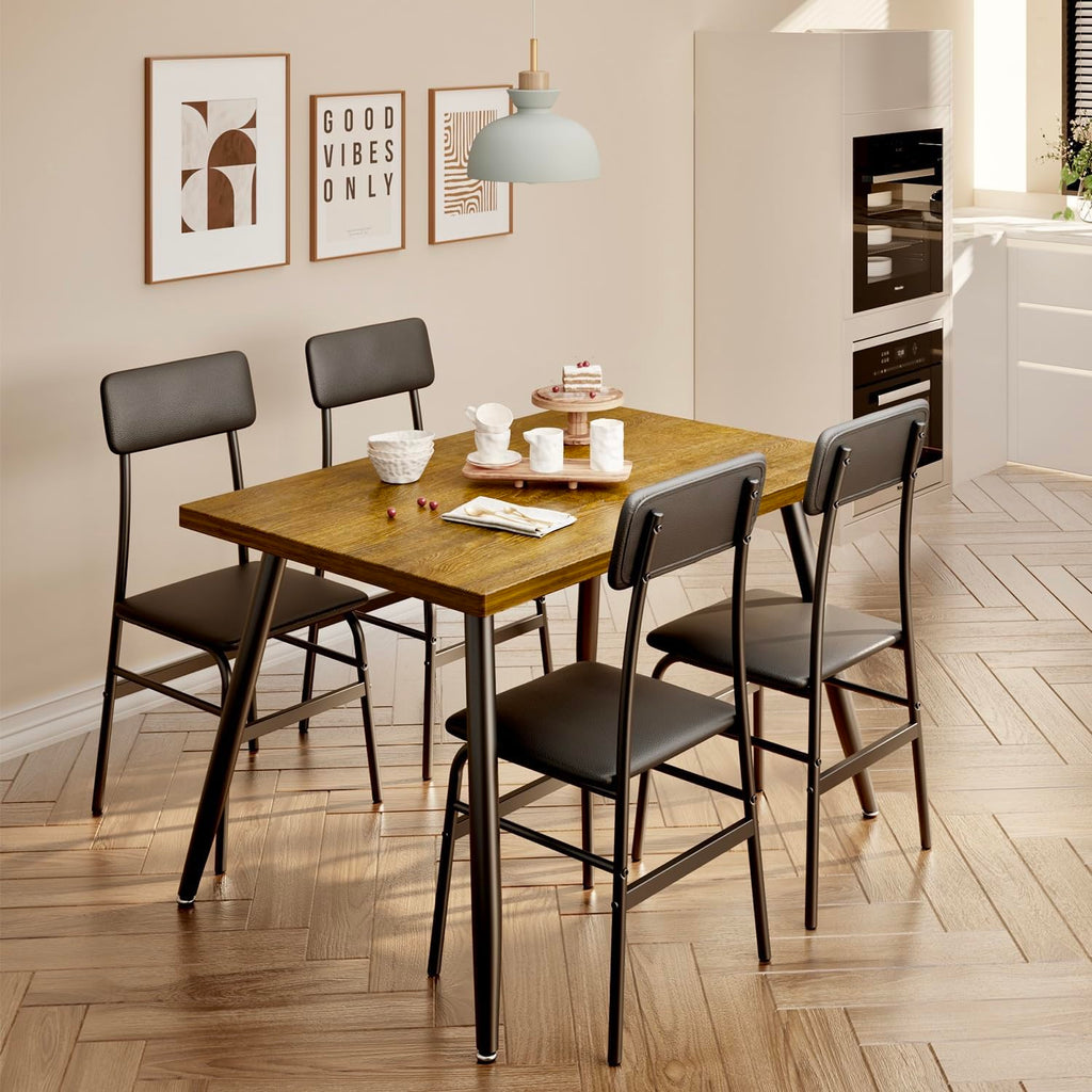 5 Piece Dining Table Set for 4, Modern Metal & Wood Kitchen Dinner Table with 4 Chairs, Space-Saving Dining Room