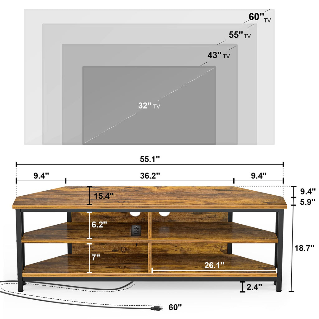 55'' Corner TV Stand with Power Outlet, Corner Entertainment Center TV Console Table with 4 Open Storage Shelves
