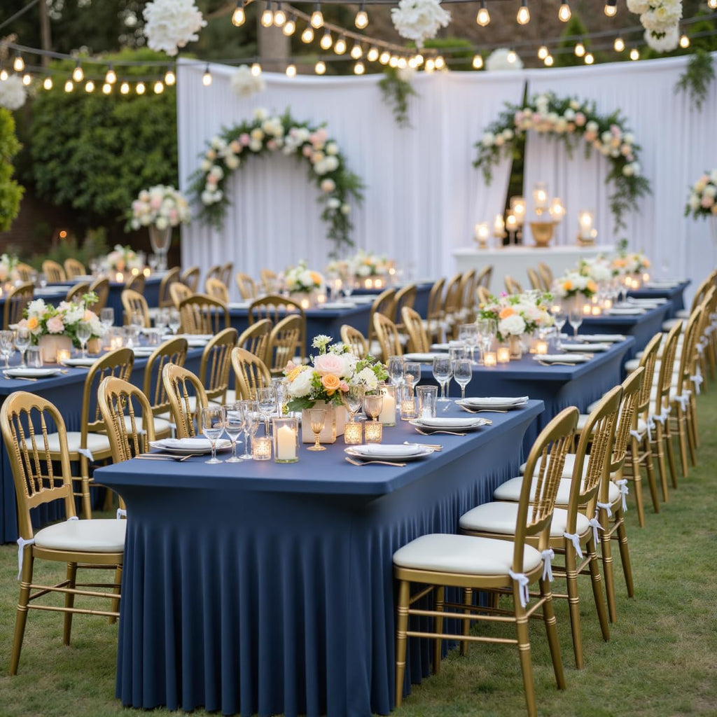 Spandex Tablecloth 8FT Rectangle Table Cover 6 Pcs Navy Blue Wrinkle-Free