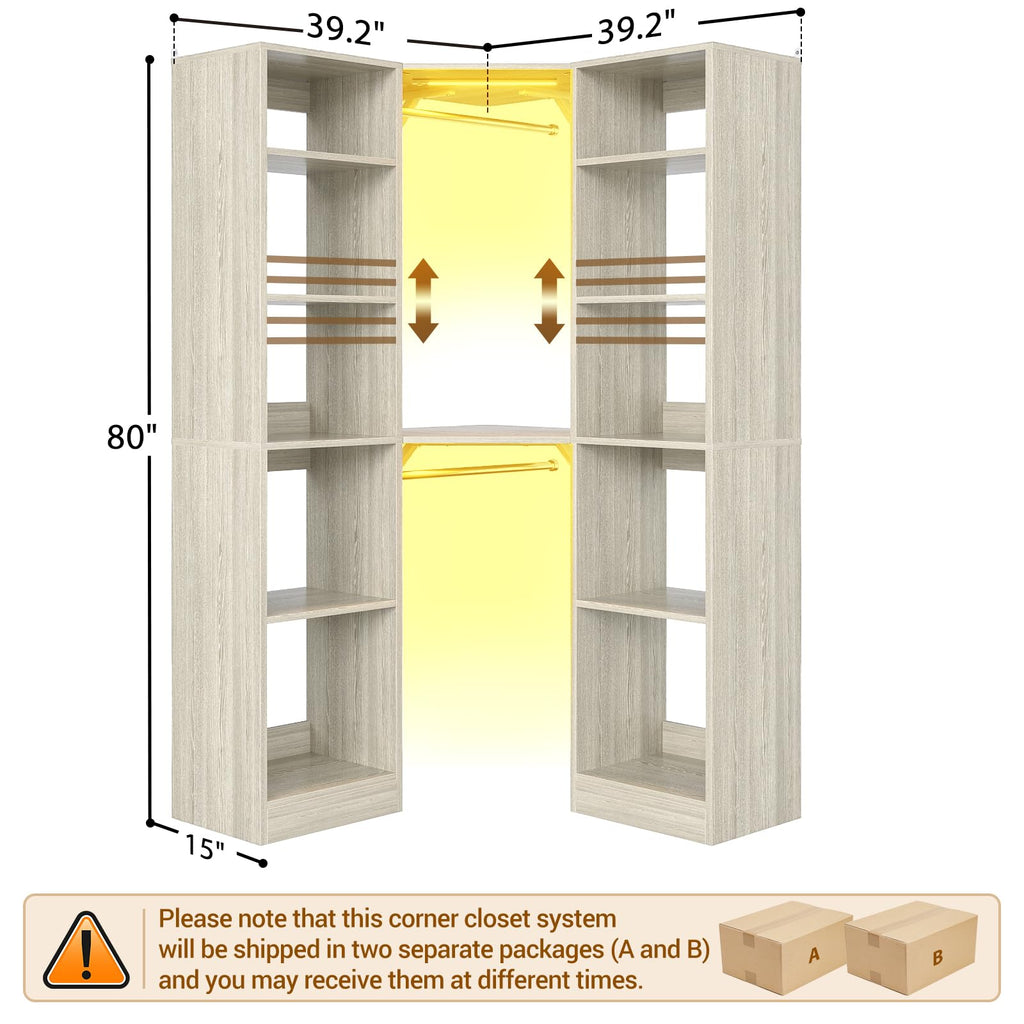Corner Closet System with 2 Motion Sensor Lights, 39.2" Corner Closet Organizer with 12 Shelves, Closet System with 2