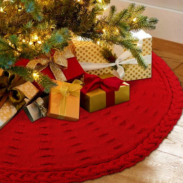 36 Inches Christmas Knitted Tree Skirt Decorations Xmas Large Red Chunky Cable Farmhouse Thick Rustic Tree Skirt