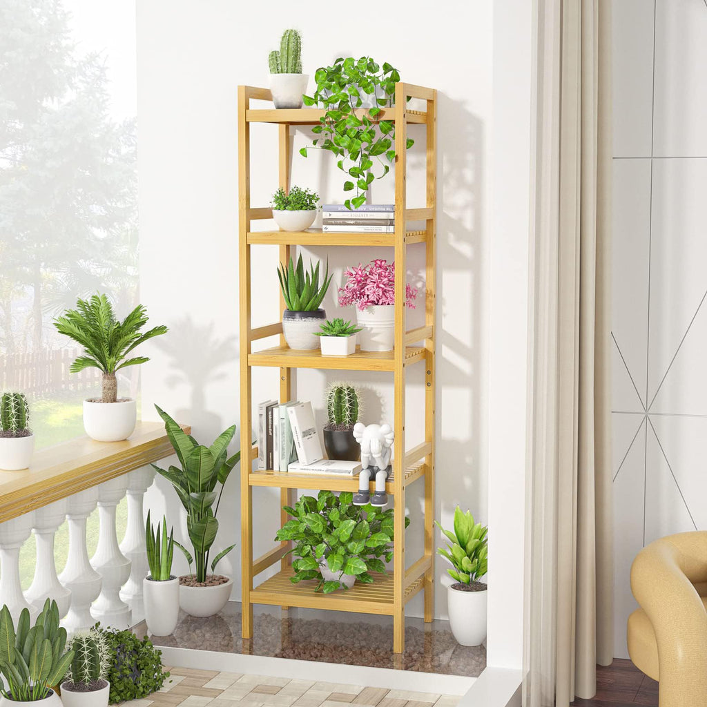 5-Tier Bamboo Shelf, 56"H Adjustable Narrow Bookshelf and Bookcase
