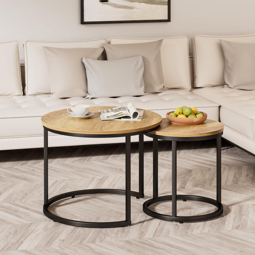 Nesting Coffee Set of 2, 23.6" Round Coffee Brown Wood with Adjustable Non-Slip Feet, Industrial End Side Tables