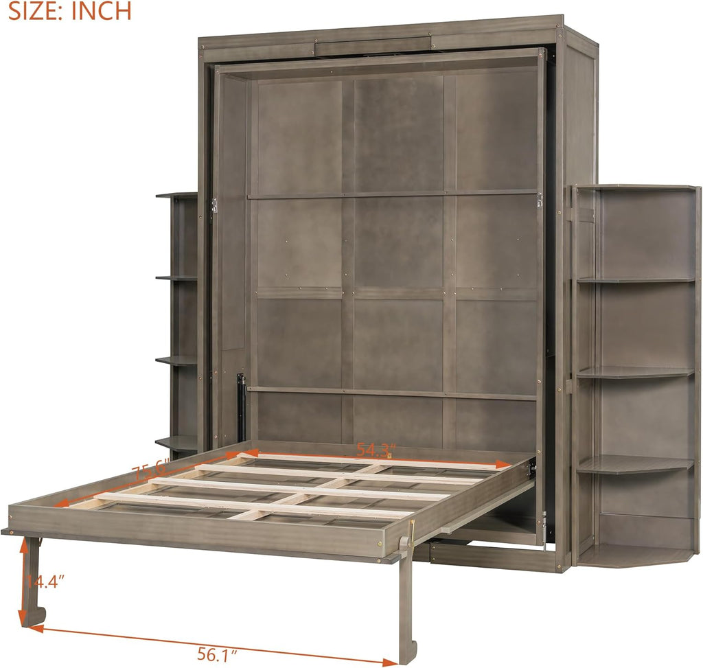 Murphy Bed Queen Hideaway Wall Chest with Cabinet,Dual 3-Tier Side Shelves,Convertible Desk,Space-Saving