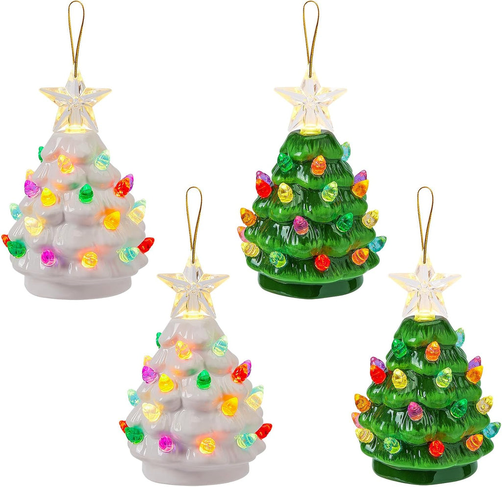 4.3 Inch Mini Ceramic Christmas Tree Set - 4 Pack Tabletop Christmas Tree with Multicolored LED Lights, Battery