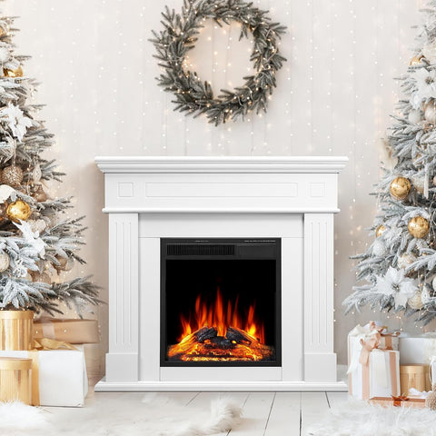 43. 39" Fireplace TV Stand with Mantel - Electric Fireplace Heater, Wooden Entertainment Center, Adjustable LED Flame