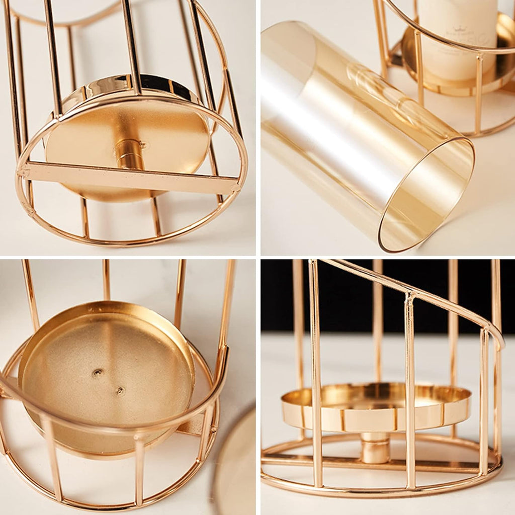 Metal Wire Candle Holder Set of 2, Glass Pillar Candle Holders Gold Decorative Tea Light Candleholders Decor Table