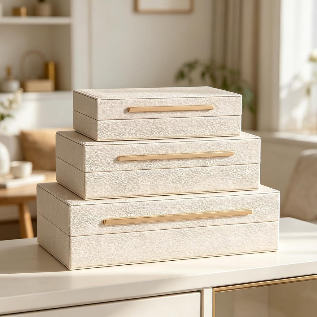 Faux Ivory Shagreen Decorative Boxes, Elegant Jewelry Organizer with Lids, Velvet Lining and Golden Handles - Set of 3
