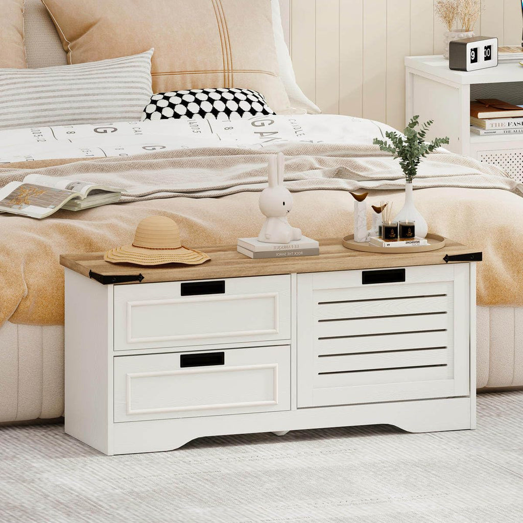 Shoe Storage Bench, Entryway Bench with Flip Drawer, Wooden Entry Way Shoe Cabinet Hallway (Rustic Oak+White Oak)