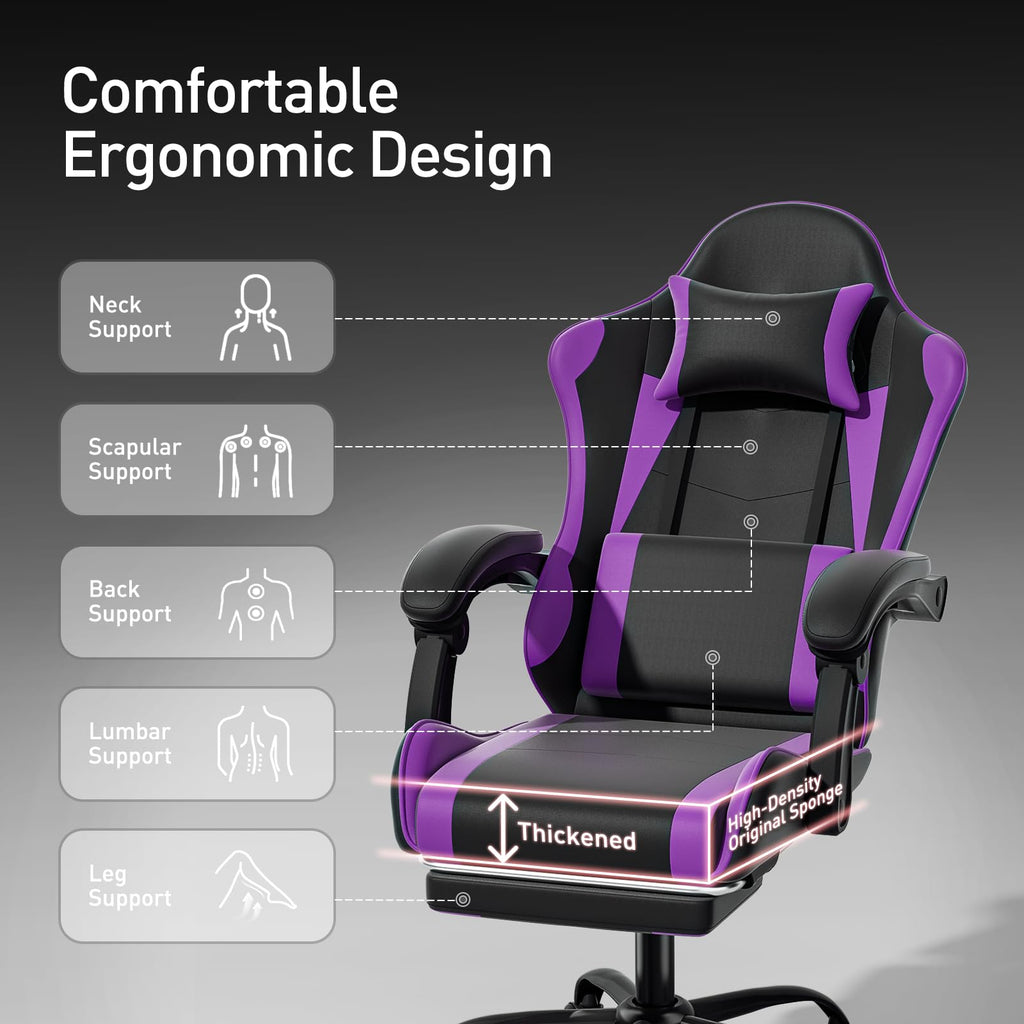 Gaming Chair, Footrest & Lumbar Support, Height Adjust, Purple
