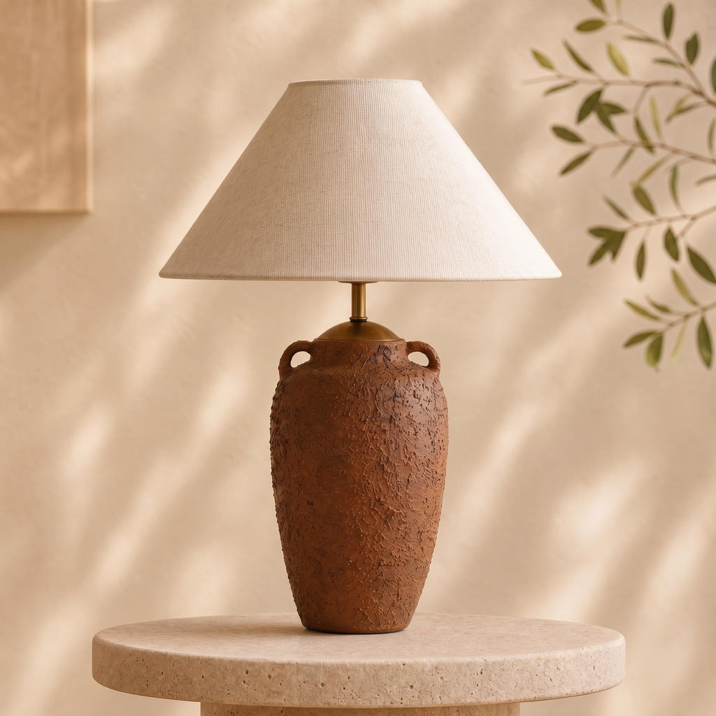 Textured Ceramic Table Lamp with Linen Shade, Rustic Bedside Lamp, Brown