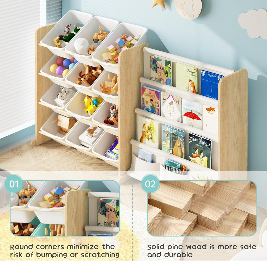 Kids Toy Storage Organizer - Toy Organizer with Bookshelf, Toy Storage with 12 Toy White Bins and 4 Book Shelves, Toy