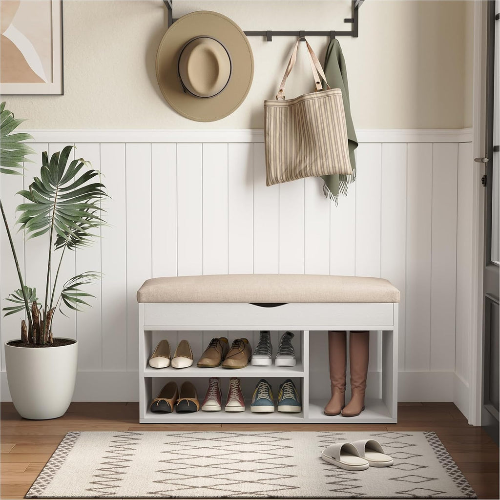 31 Inches Storage Bench with Padded Cushion, Shoe Bench with Storage Space, Upholstered Entryway Bench , 2-Tier Shoe