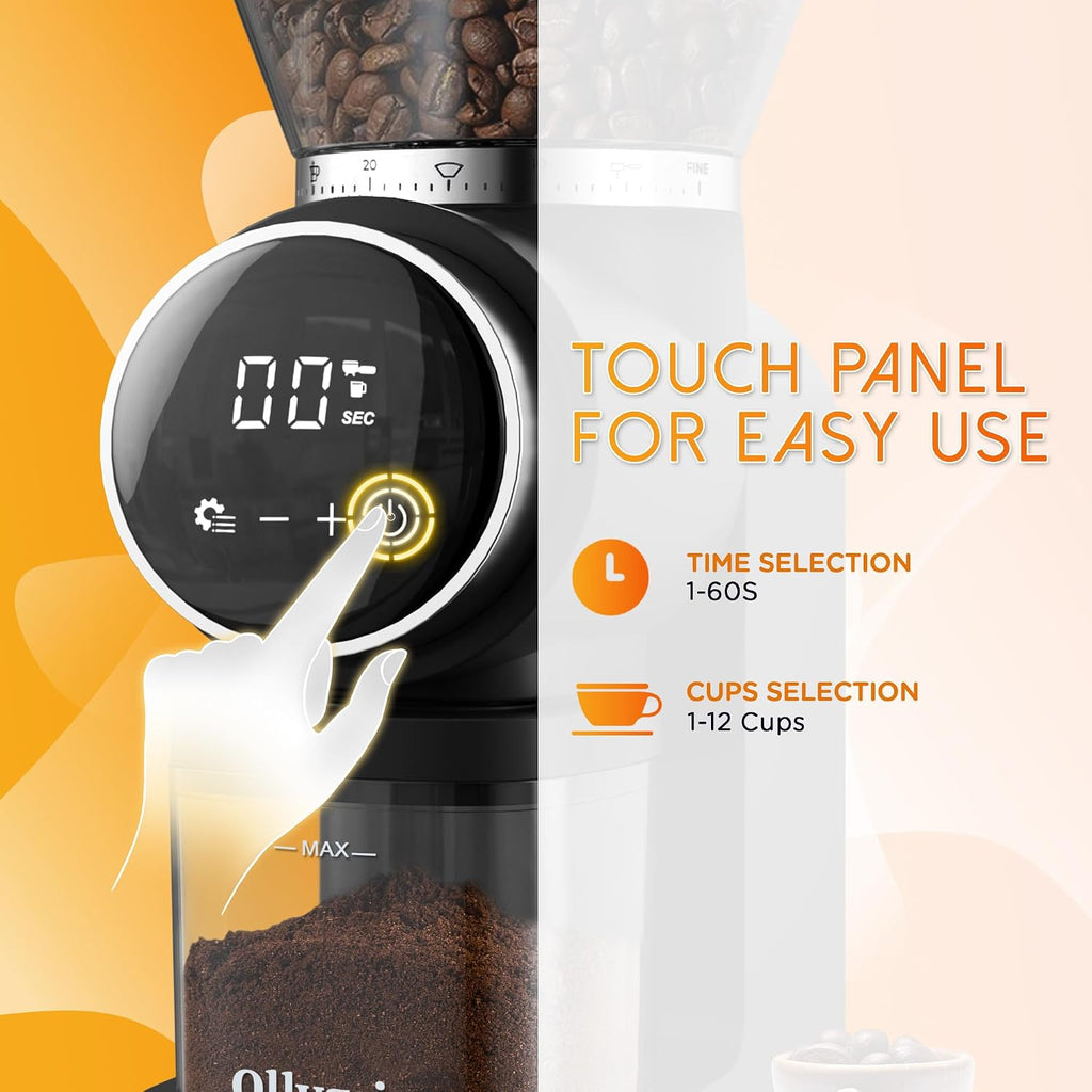 Conical Burr Coffee Grinder Electric, Touch Panel Burr Coffee Grinder with 30 Precise Settings, Compact Coffee Bean