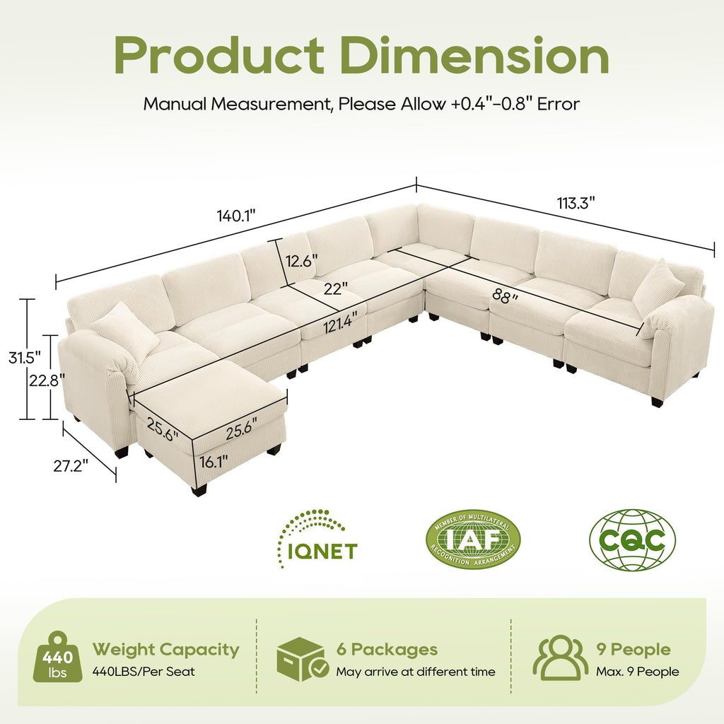 Corduroy Modular Sectional Sofa Couch (Beige, 113 Inch 7-Seater)