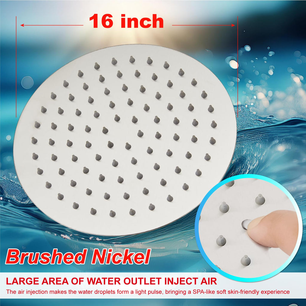 Round Rain Shower Head, High Pressure, Brushed Nickel 16 Inch