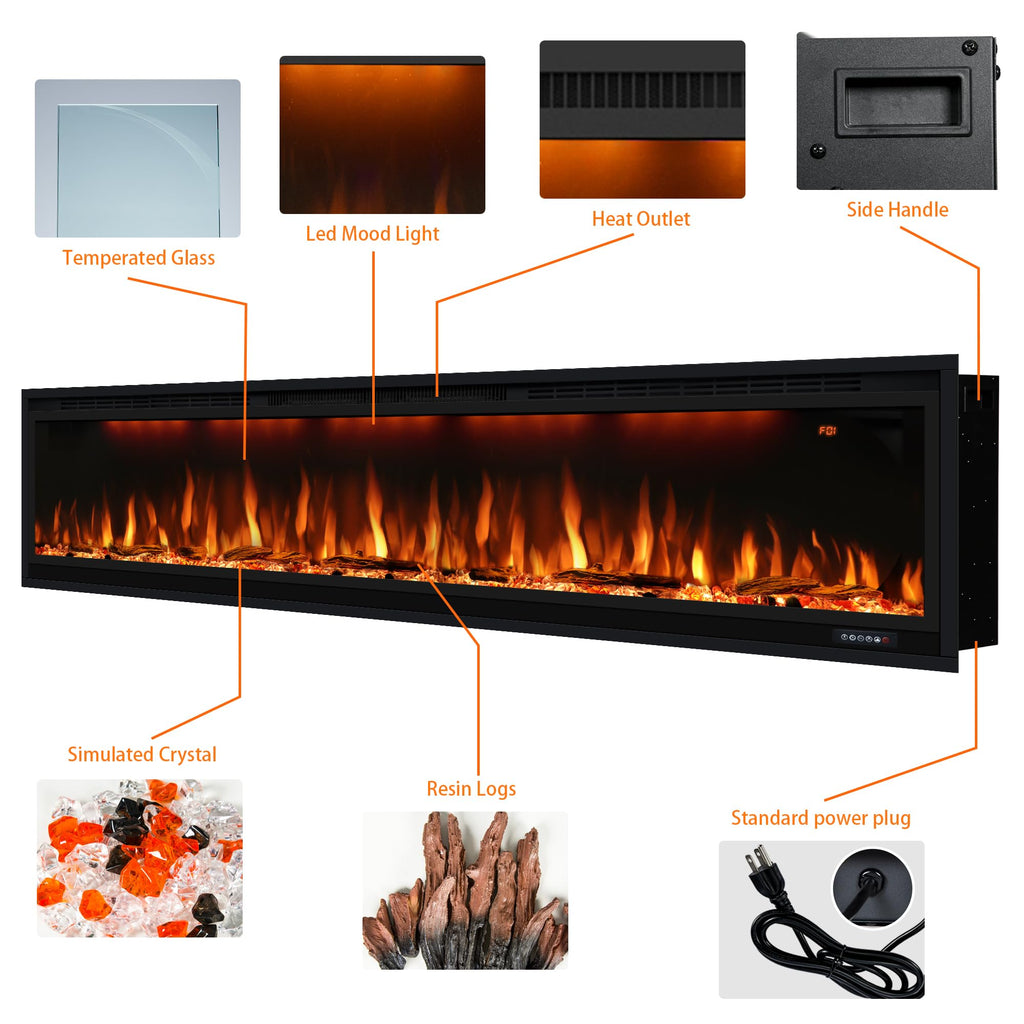 74 inch Electric Fireplace, Smart Fireplace Insert recessed in Wall and Wall Mounted fire Place Heater with Metal