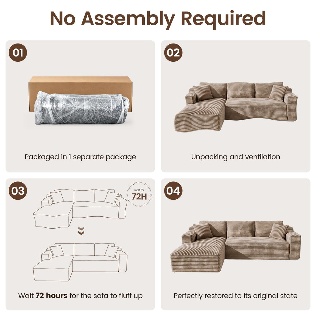 Shape Sectional Couches, 3 Seater Sectional Sofas Bedroom, Boneless Couch Sofa (Camel, Left Facing Chiase, 106 inch)