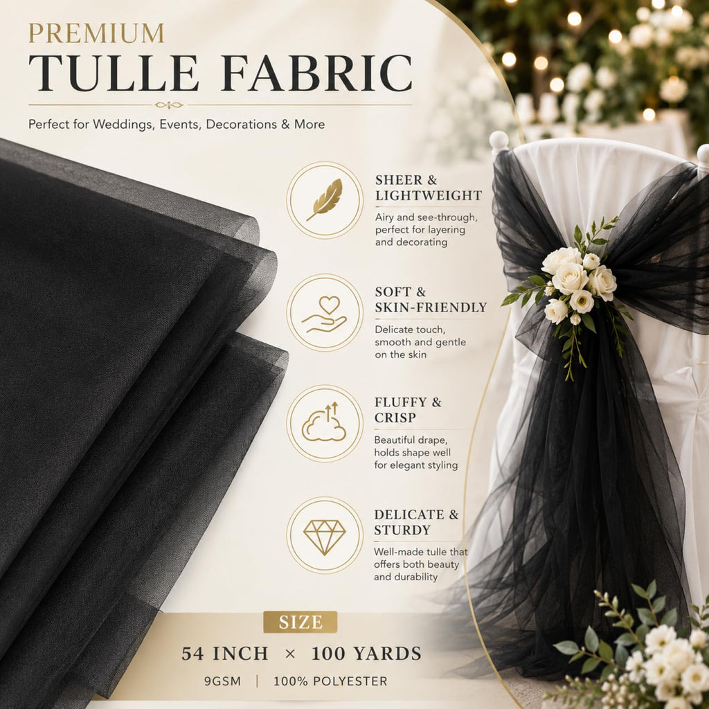 Tulle Fabric Rolls Bulk 54 Inch by 100 Yards (300 Ft), Black