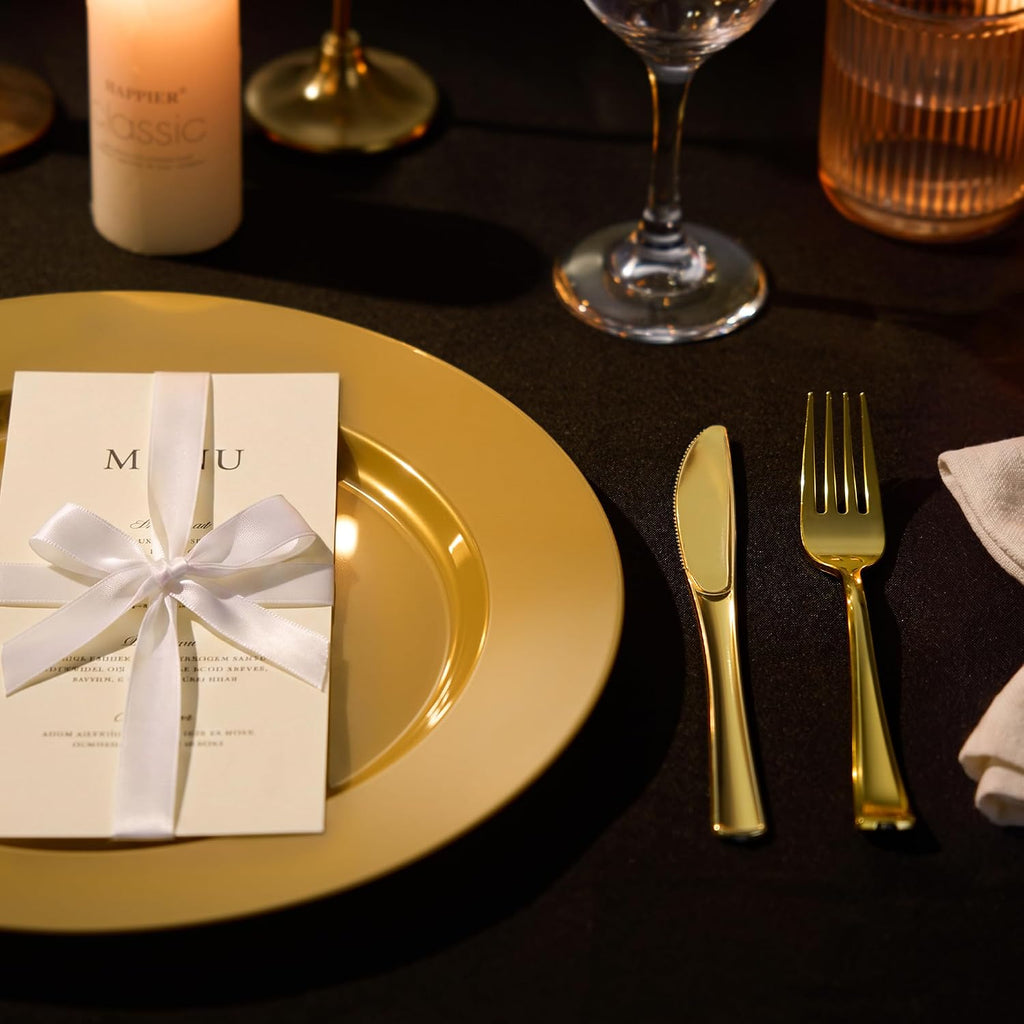 Inch Charger Plates, 25 Pack Gold Charger Plates, Plastic Charger Plate Bulk for Dinner, Wedding, Party, Event - Set of 25