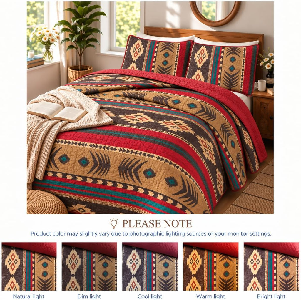 Western Southwestern Native American Tribal Navajo Design Oversize Quilted Bedspread in Brown Green and Burgundy