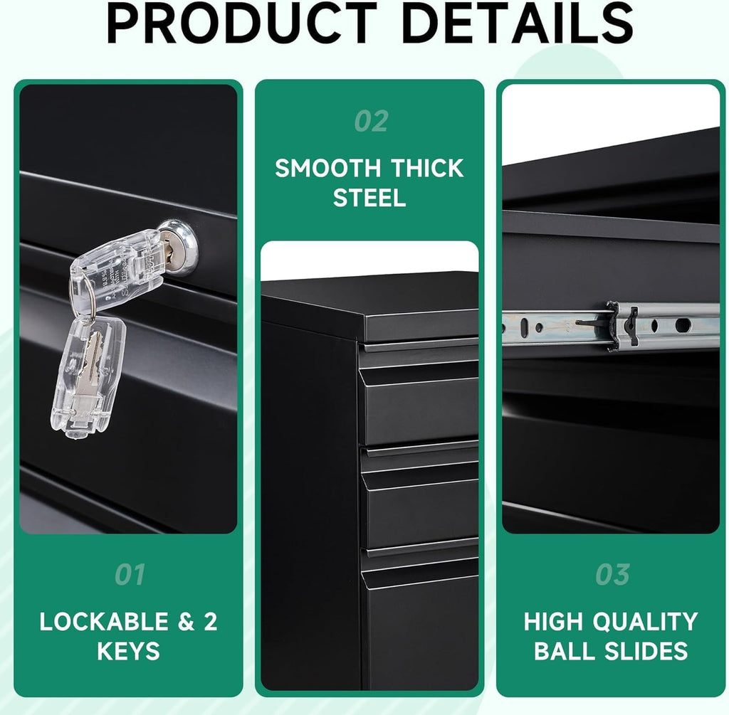 3 Drawer Mobile File Cabinet with Lock, Under Desk Metal Rolling Filing Cabinets Organizer Letters/Legal/A4 (Black