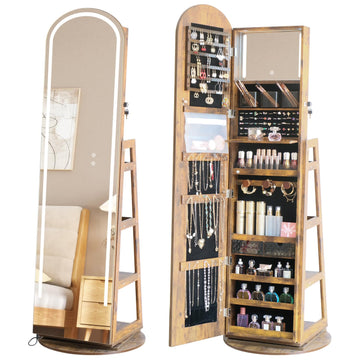 Arched Mirror Jewelry Armoire, 3 Color LED Swivel Jewelry Storage Cabinet Interior LED Lights, Full Length Mirror Floor